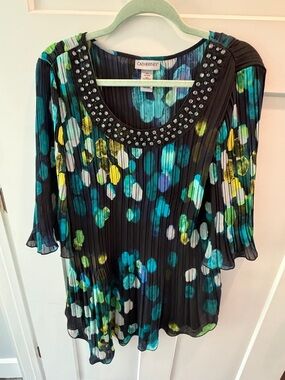 Catherines 0X Pleated Blouse Beaded Neckline Plus Size Multicolor Dressy Top